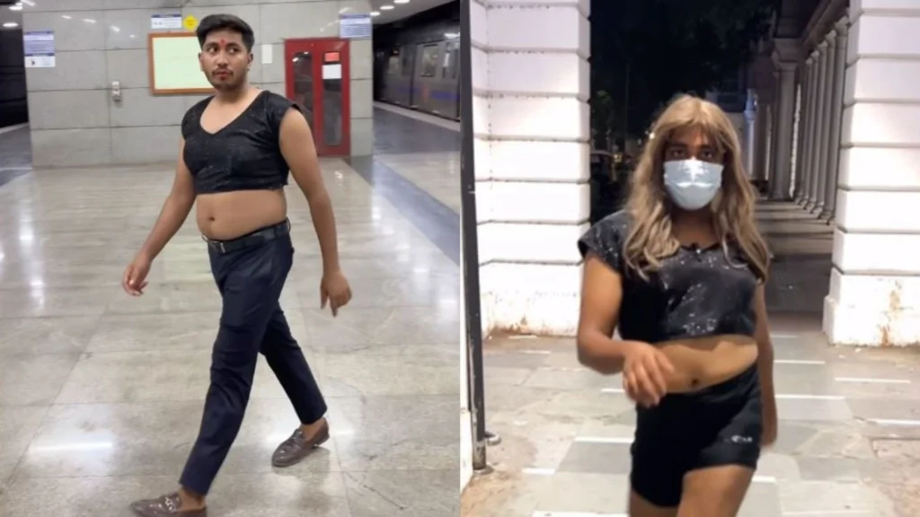 Man walks in blouse at Delhi Metro Station