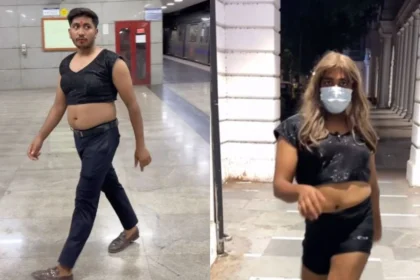 Funny!! Man walks in blouse at Delhi Metro Station, video viral कराने के लिए बिंदी और lipstick भी लगाया 72 Man walks in blouse at Delhi Metro Station