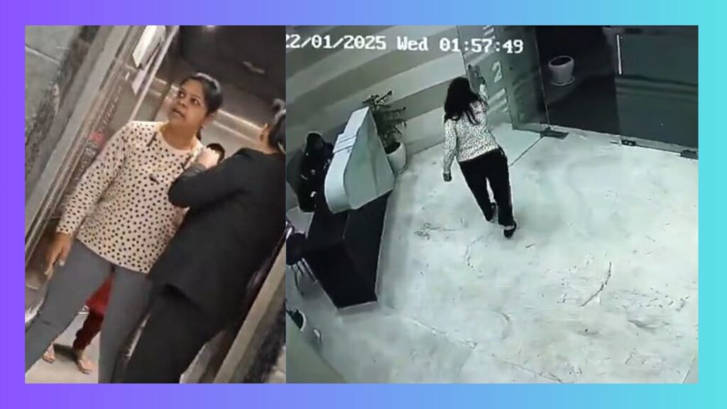 Angry woman breaks glass door